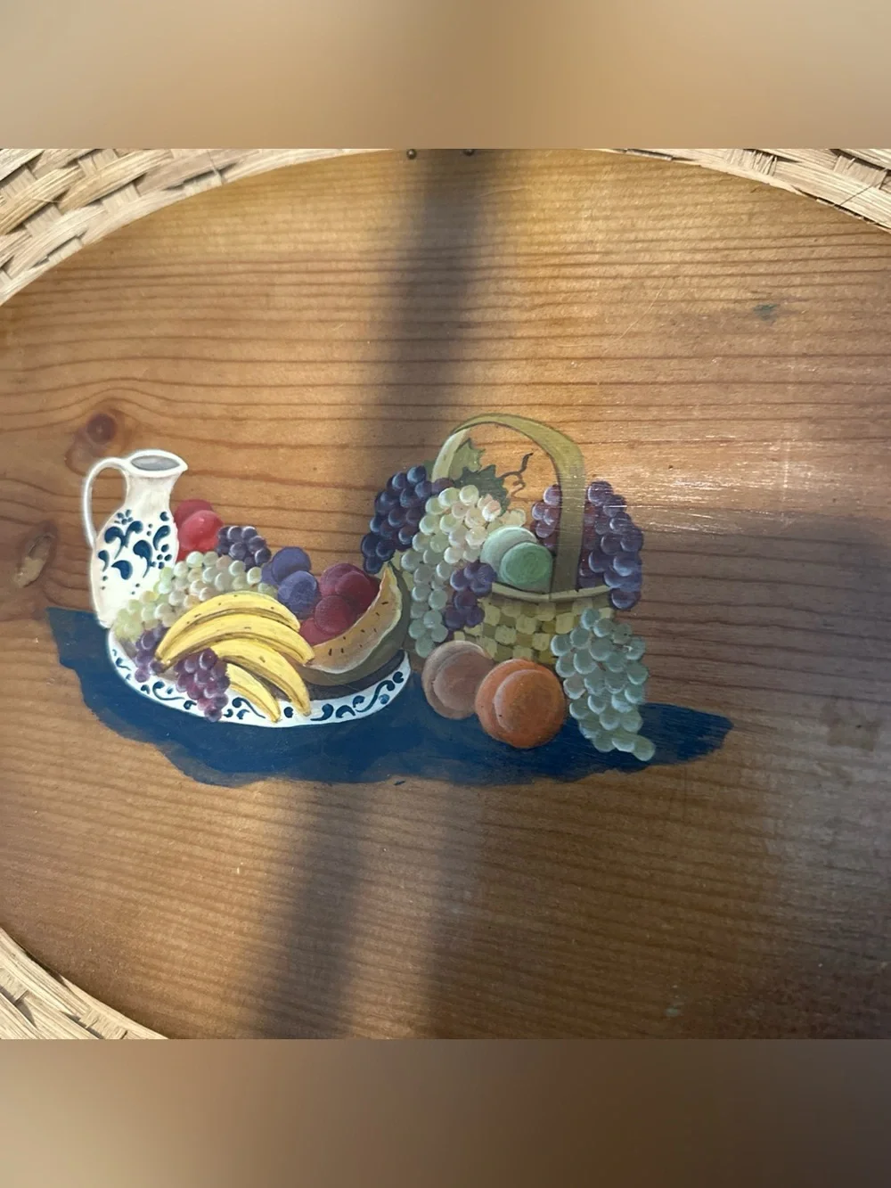 Nantucket style Woven painted Fruit Basket Tray with Wooden Handle - Brown folk